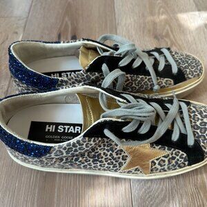 WORN ONCE - Golden Goose Hi-Star Sneakers - Suede Leopard with Navy Glitter